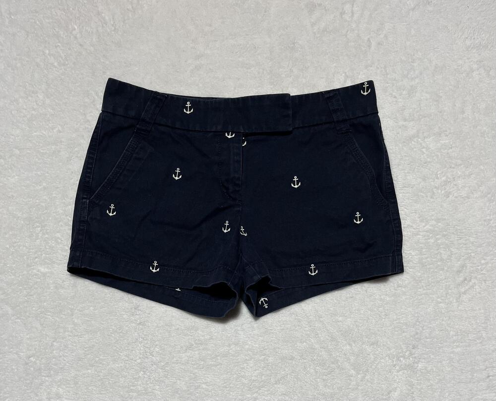 J Crew Chino Shorts Womens 6 Navy Blue Anchor Embroidered Pockets Nautical